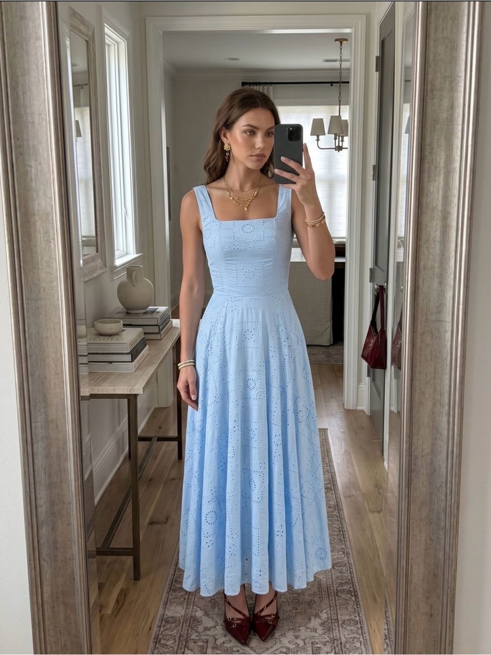 Commense Light Blue Cotten Eyelet Maxi Dress with Square Neckline